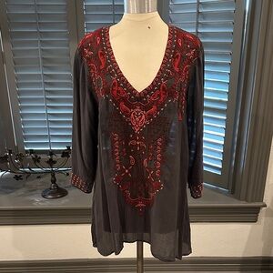 Johnny Was Black Tunic with Red Embroidery